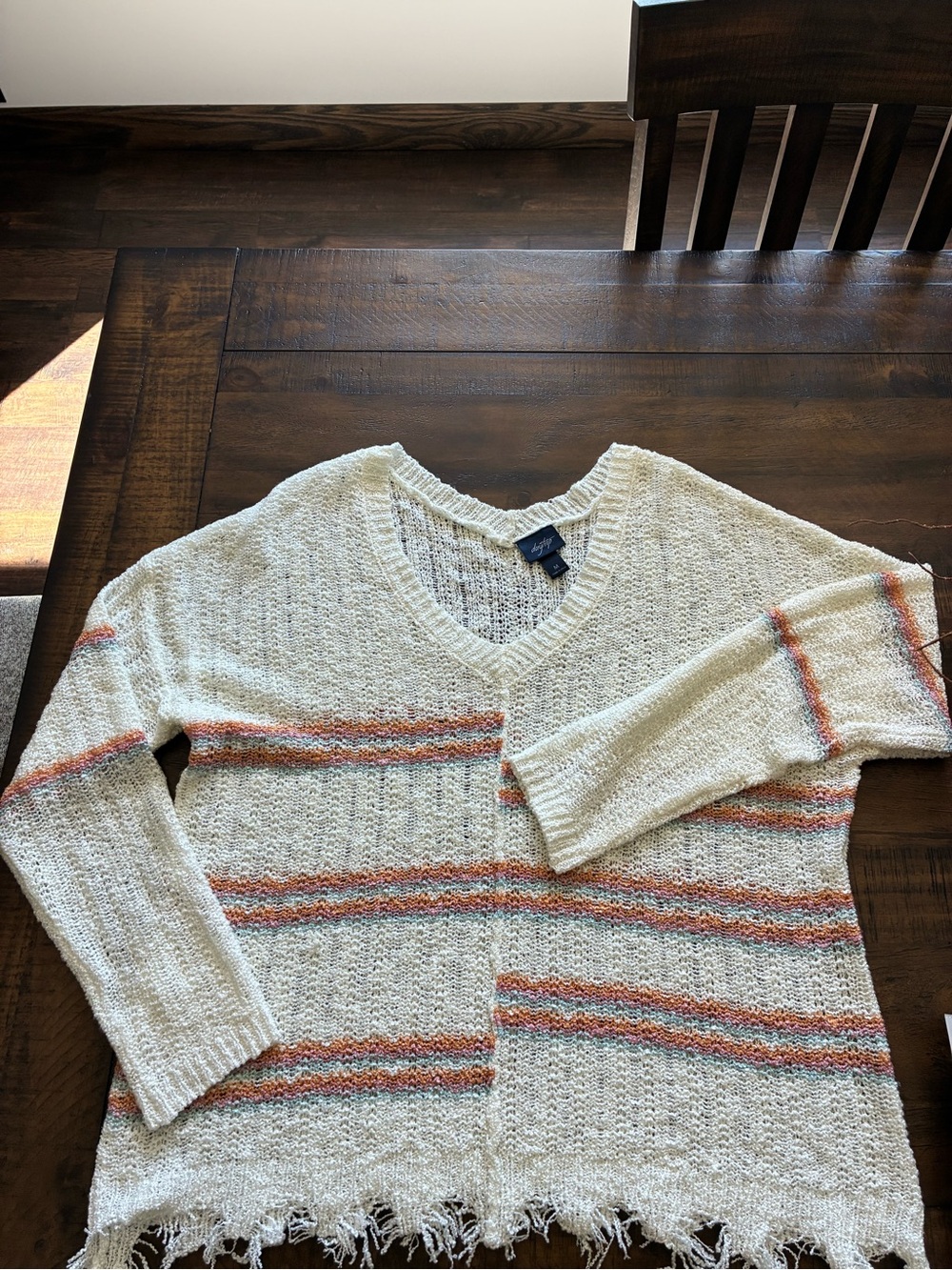 Daytrip Cream V-Neck Sweater with Rust and Teal Stripes